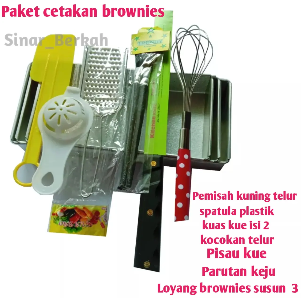 1 SET CETAKAN BROWNIES SUSUN 3+ PARUTAN KEJU+ PISAU KUE+ KOCOKAN TELUR+ KUAS KUE +PEMISAH TELUR+  SPATULA KUE BANYAK BONUS NYA