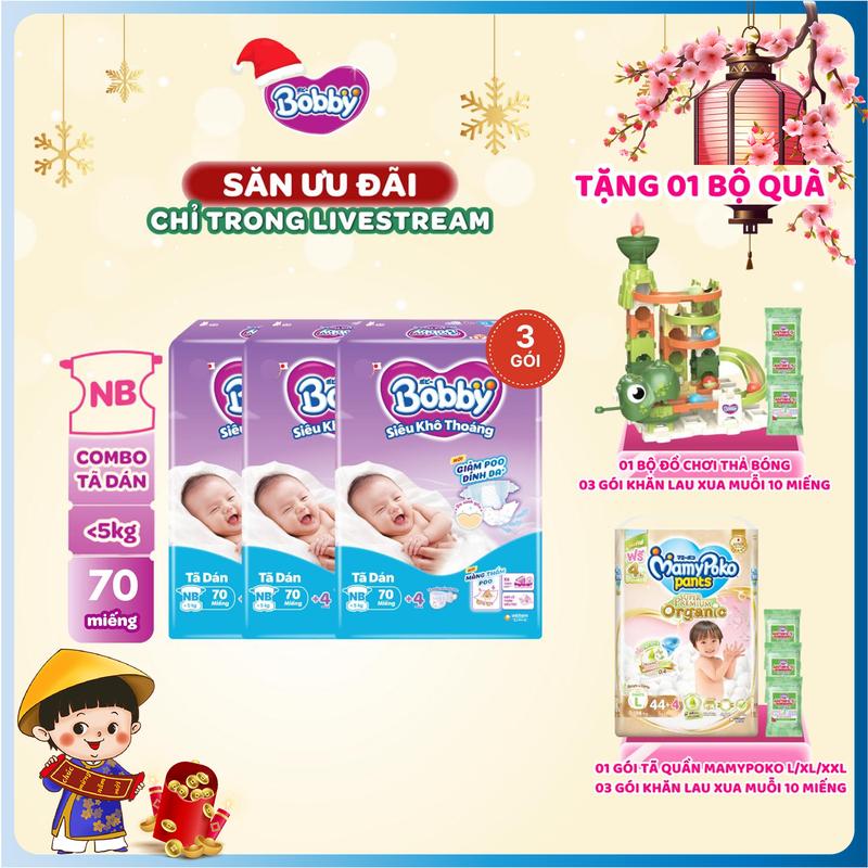 KOL COMBO 3-TẶNG QUÀ Bobby Tã bỉm dán XS70 S80 M76 L68 XL62 XXL56 bao bì ngẫu nhiên