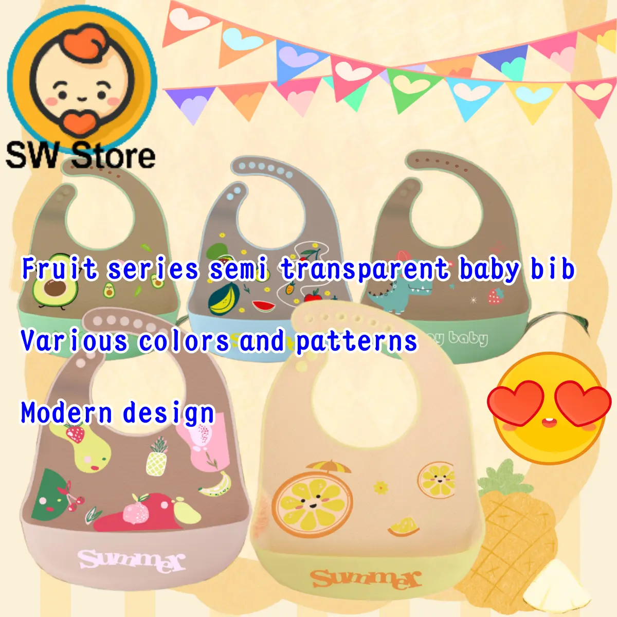 SW Kids baby silicone bib waterproof baby food bib children's bib large saliva bib cute pattern SW510 Girls Boys