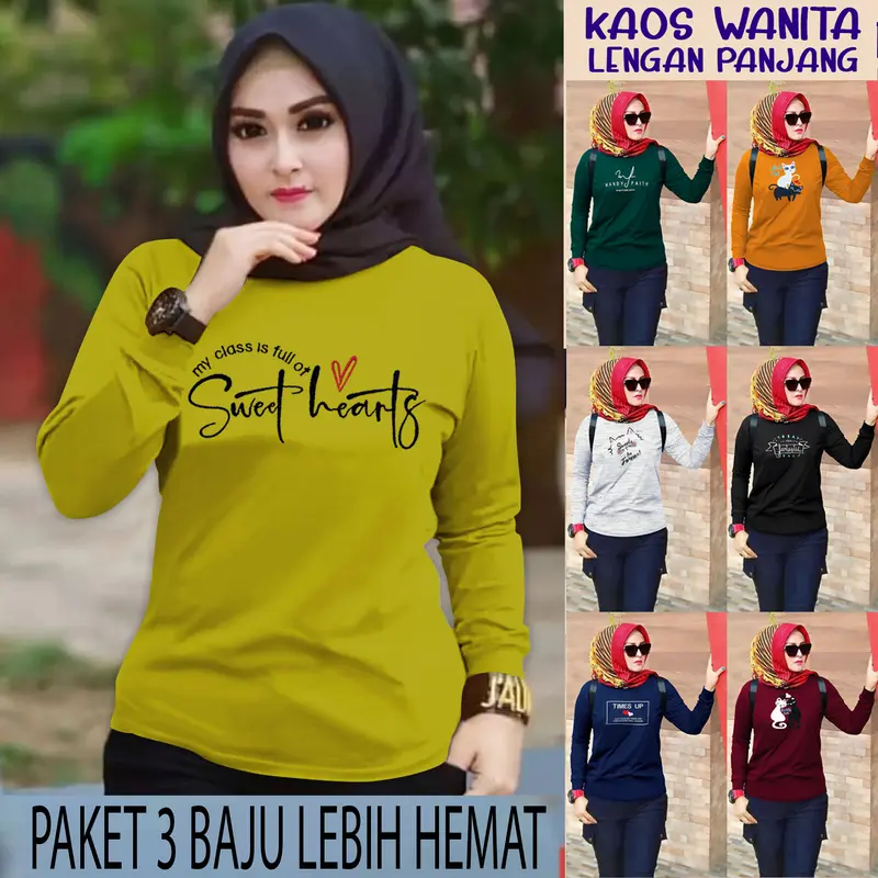 Paket 3 Lebih Hemat Kaos Wanita Lengan Panjang Bordir Lembut Atasan Soft Polos Hitam Putih Baju Cewek Oblong Lengan Panjang - CELIN CENOA - Pendek 0