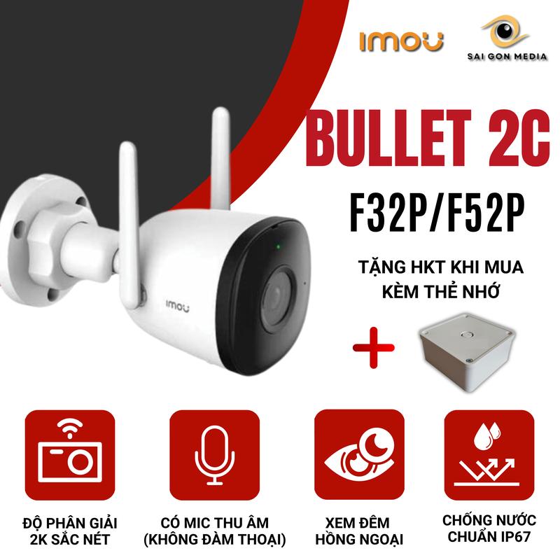  Camera IMOU Wifi Cố Định Ngoài Trời Bullet 2C F32P F52P-Có Mic Thu Âm-Xem Đêm Hồng Ngoại 