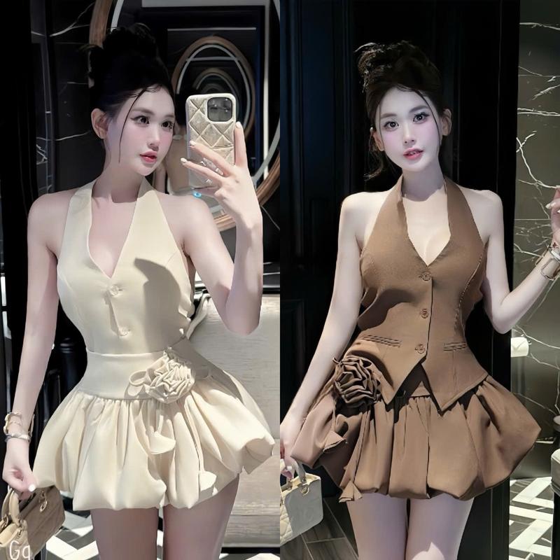  Set đồ nữ áo cổ yếm cài nút thật phối váy bí đính hoa sang chảnh tôn dáng xinh xắn phù hợp cho các nàng diện đi tiệc đi chơi đi du lịch 