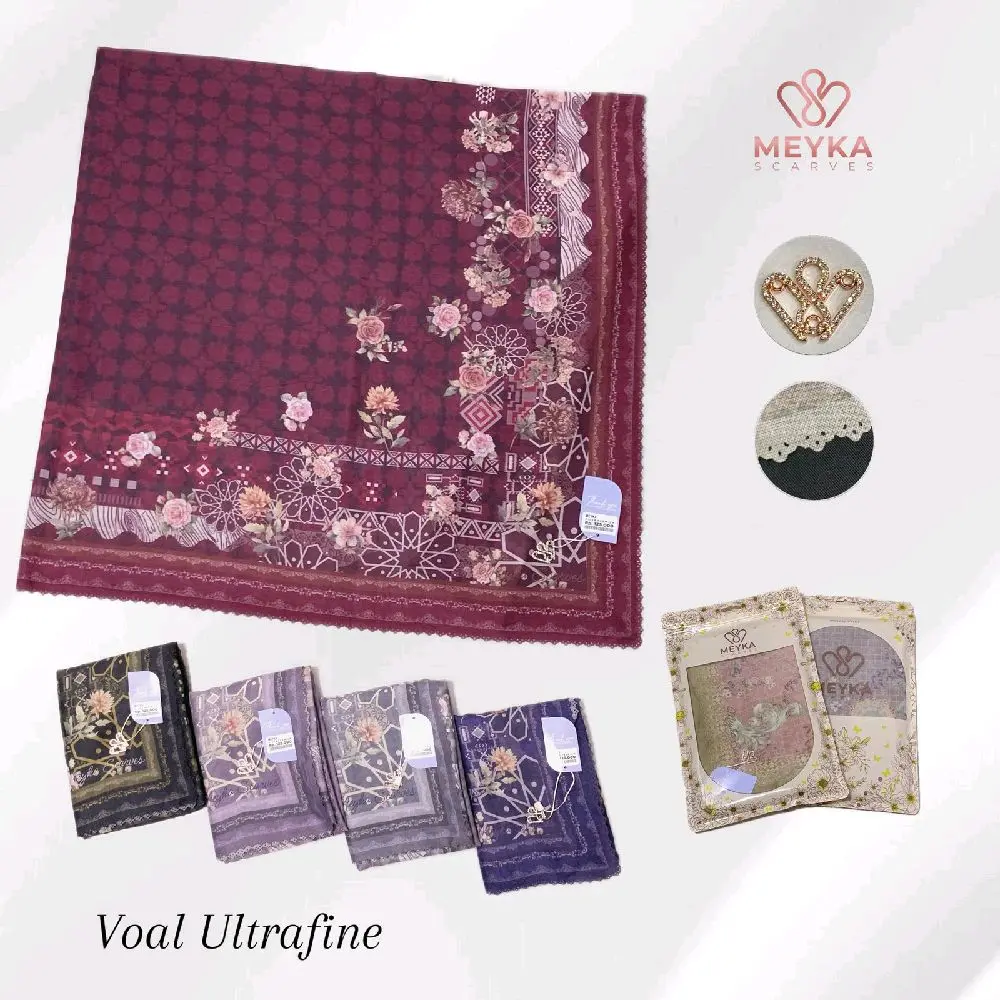 3pcs Meyka Ultrafine RANDOM MOTIF Hijab Segiempat Motif Ukuran Standart Metal Logo Bahan Voal ultrafine Premium