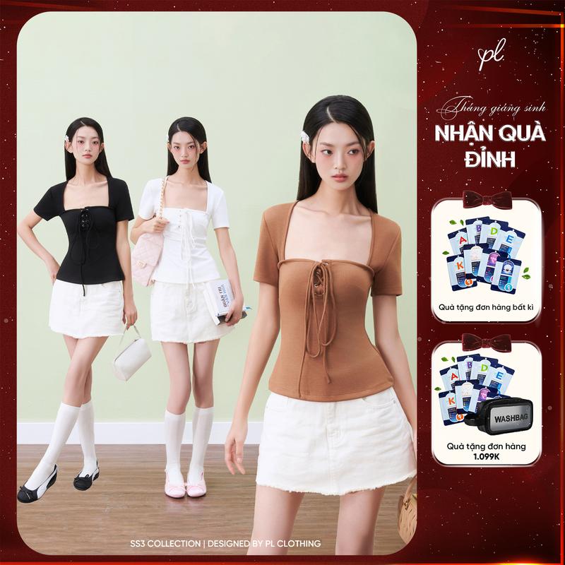  Áo Thiết Kế NARAH – Áo Thun Cổ Vuông Dây Rút PL Basic Ôm Dáng Co Giãn Dễ Phối Đồ Mặc Đi Làm Đi Chơi – THE FEELS COLLECTION 