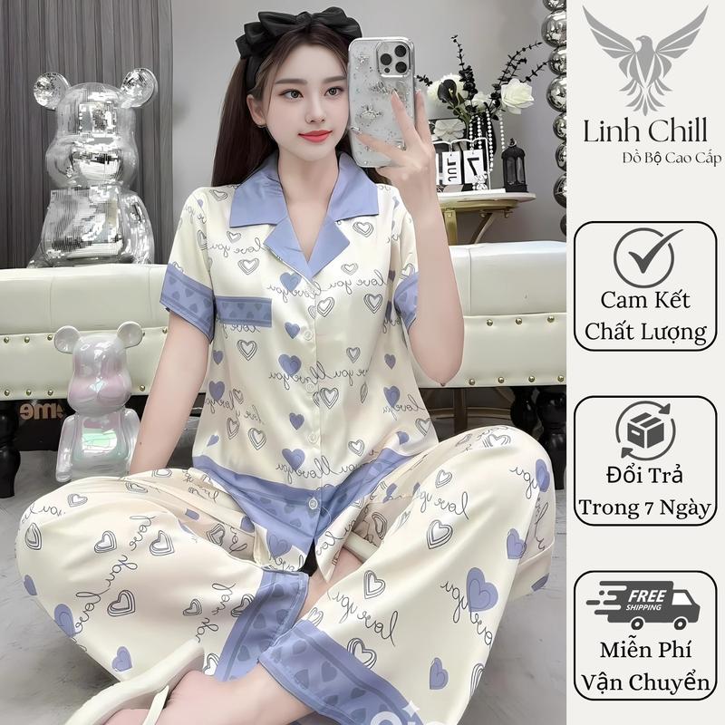 Đồ Ngủ Nữ Pijama Lụa Cát Cộc Dài Cổ Bẻ Màu Sắc Trẻ Trung Họa Tiết In 3d Trái Tim Phong Cách Tiểu Thư Size 40-68kg