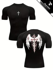 1pc Camiseta de compresión para hombre – Estampado de Cruz y Alas, Corte ajustado, Top transpirable y elástico para Gimnasio y Entrenamiento