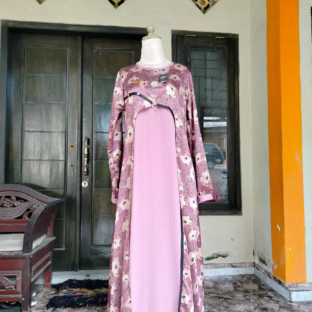 gamis model cina mawar ungu x ungu polos cocok untuk lebaran dan kondangan