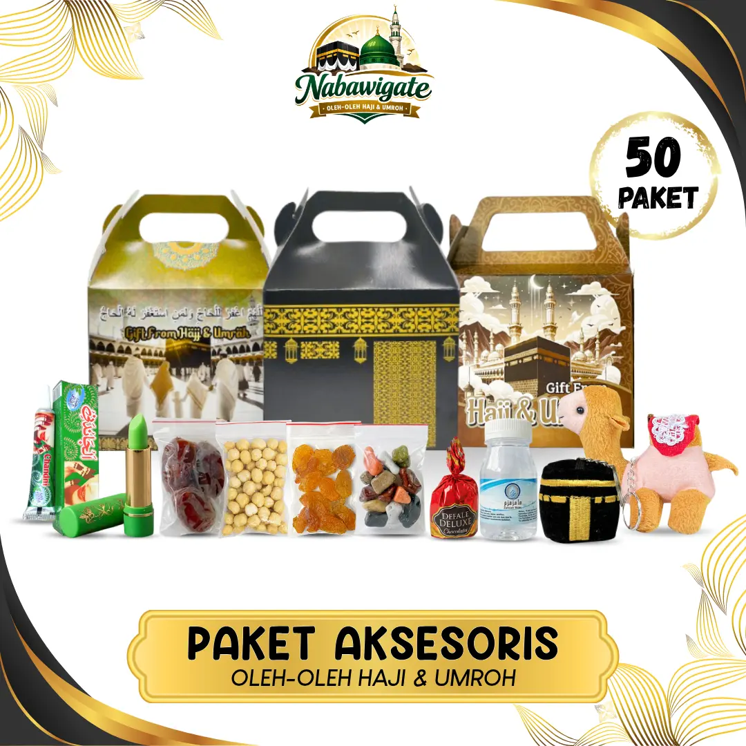 Paket Aksesoris 50pcs Oleh Oleh Haji dan Umroh Satuan Kemasan Tenteng Isi Kurma Kismis Kacang Arab Pistachio Cokelat Air Zamzam