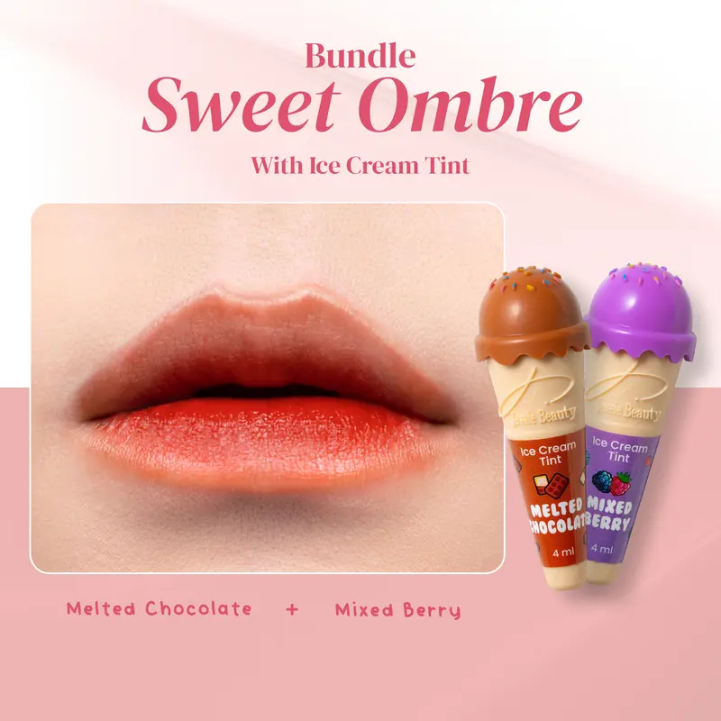 Jessie Beauty Bundle Sweet Ombre : Ice Cream Tint (Melted Chocolate - Mixed Berry) & Glazed Gloss (Tanghulu / Lychee Jelly) Bibir  Liptint 0