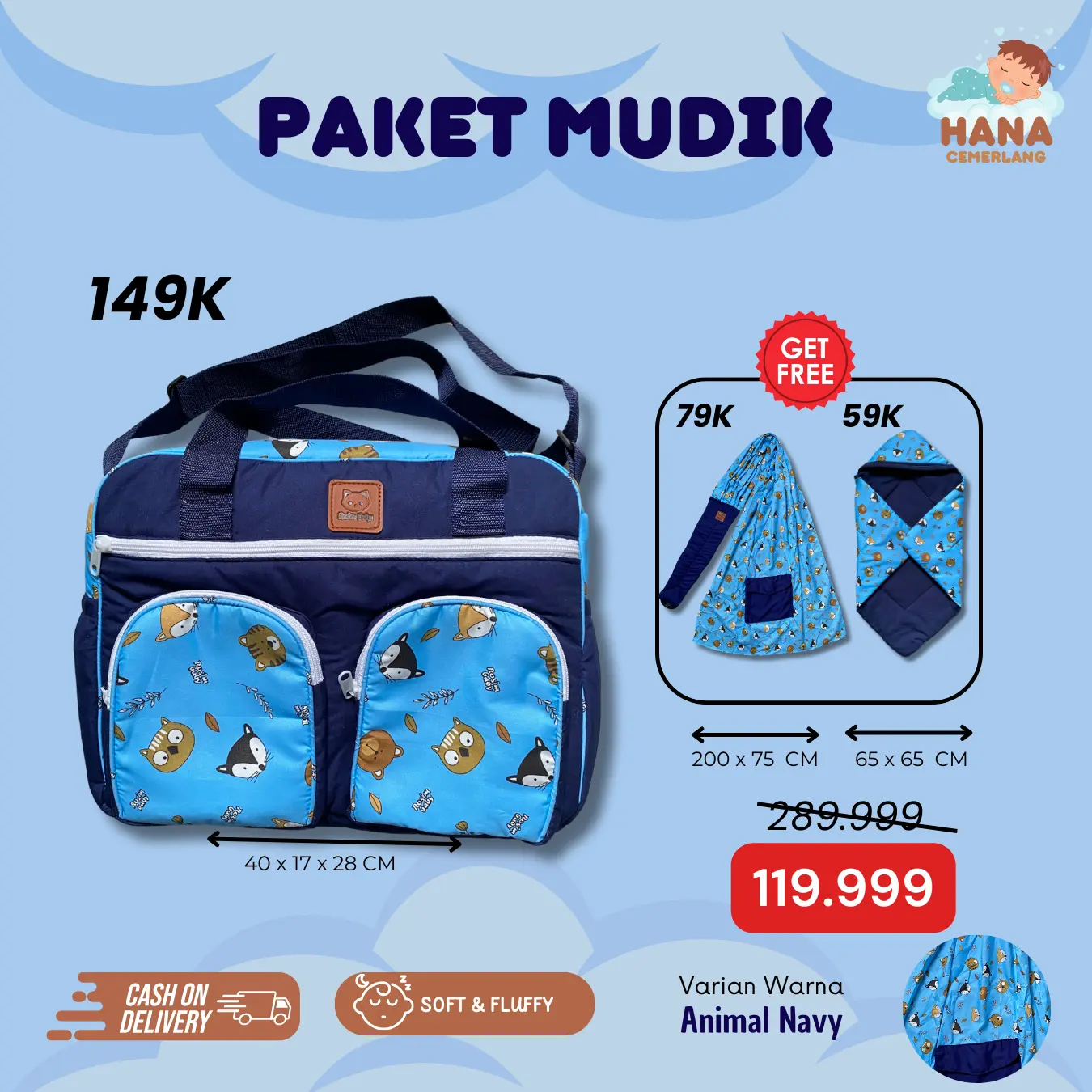 PAKET MUDIK - GENDONGAN & SELIMUT GRATIS TAS DOUBLE SAKU ANIMAL SERIES Bantal Bayi Guling Tidur