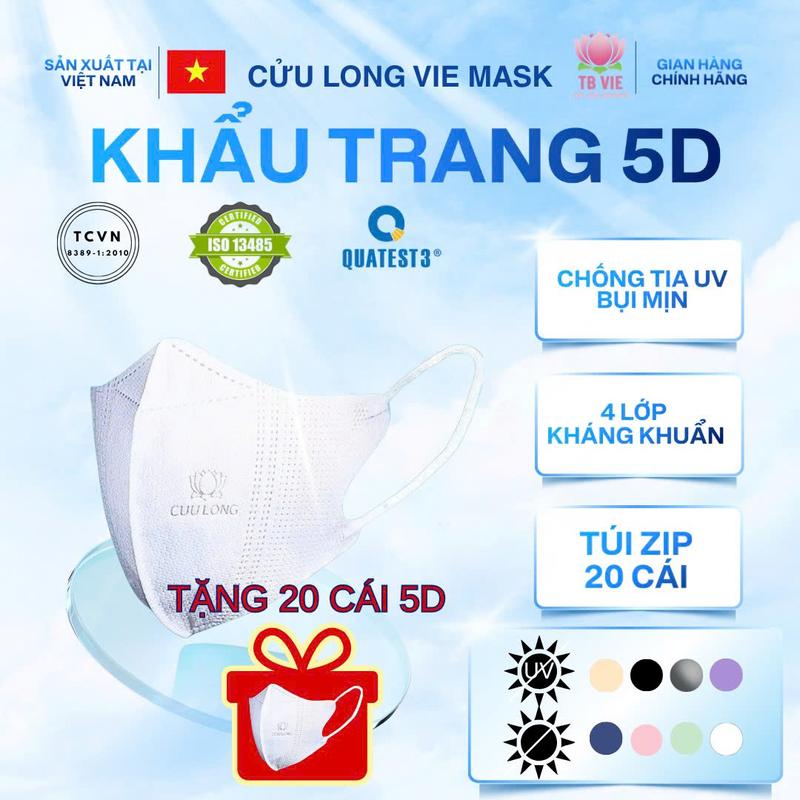 4 Lớp 100 TẶNG 20 Khẩu Trang 5D TBVIE MASK - Khẩu Trang 5D 4 Lớp Kháng Khuẩn Cửu Long -Túi Zip 20 Chiếc - Màu Sắc Đa Dạng