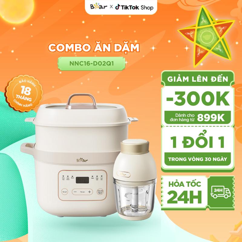 [Tặng cẩm nang ăn dặm] Combo Ăn Dặm Nồi Nấu Cháo Chậm BEAR Nồi Nấu Chậm Nồi Nấu Cháo Cho Bé 1,6L NNC16 và Máy Xay Ăn Dặm Cho Bé Máy Xay Tỏi Ớt 0,6L D02Q1 6 Lưỡi Dao Cối Thủy Tinh