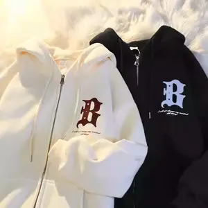 B Printed Hoodie Korean Unisex Distro Kekinian Jacket With Zipper for Men and Women Casual Longsleeve Sweatshirts Resleting Remaja  Pria Sweater  （M-2XL）