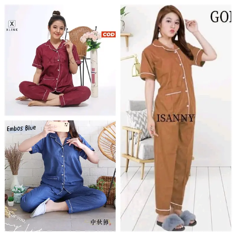 Paket Usaha 100 Ribu Dapat 3 Setel Piyama Baju Tidur Dewasa Nyaman Cantik Motif Panjang one Pendek Satin Setelan Embos Merah 3