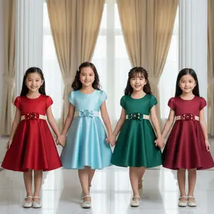 Two Mix - Baju Dress Anak Perempuan Pesta Bahan Satin - Gaun Anak Cewek Fashion Usia 1-12 Tahun 4242 Merah Maroon Hijau Ice Blue Hijau Lebaran Ramadhan 2026