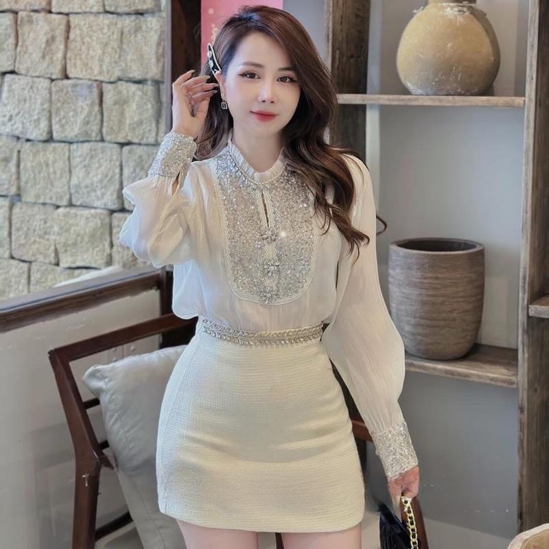 Sơ mi thiên tơ mix kim sa và đá hàng siêu cấp QC