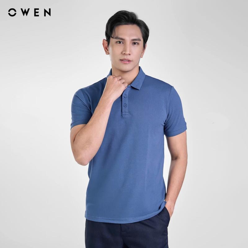 OWEN - Áo polo nam 253640 Dáng BODYFIT màu xanh dương chất CVC Spandex - Áo thun ngắn tay có cổ nam Menswear Shirt