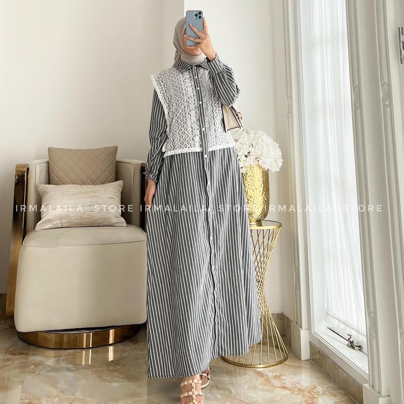Irmalaila - Midi Costle Cotton Salur Stripw Mix Lace Dress Muslim Gamis Wanita Lembut Nyaman Panjang 1