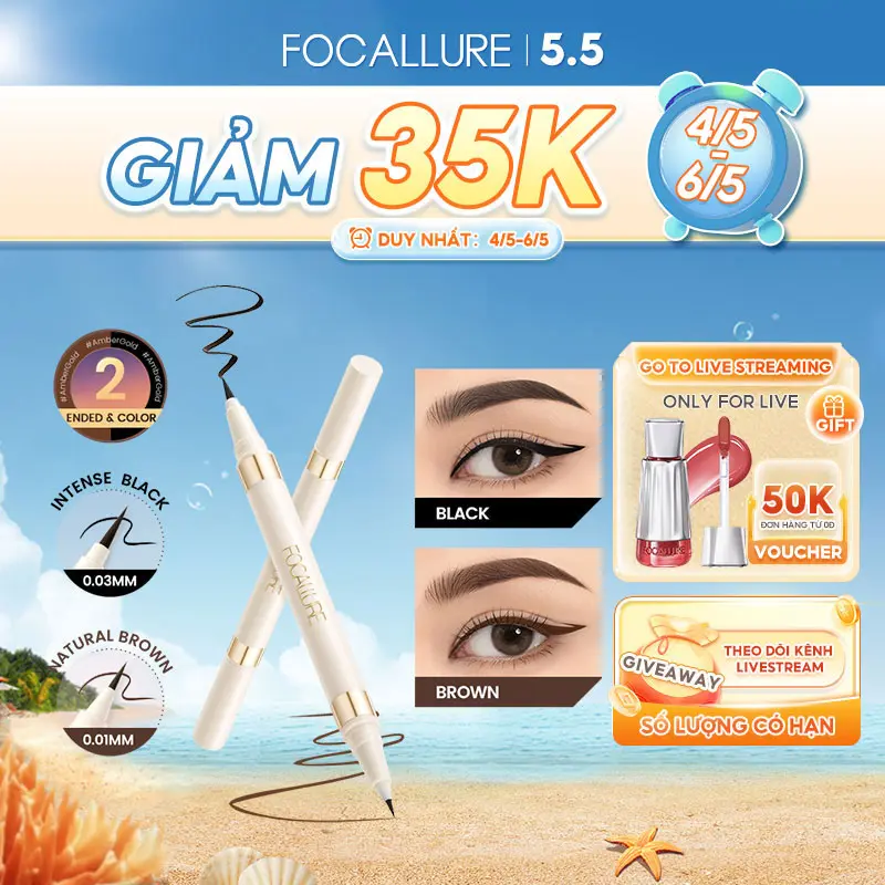 Bút kẻ mắt dạng lỏng 2 trong 1 hai đầu FOCALLURE Khô nhanh và Không nở Nâu đen 1.2g/1pc