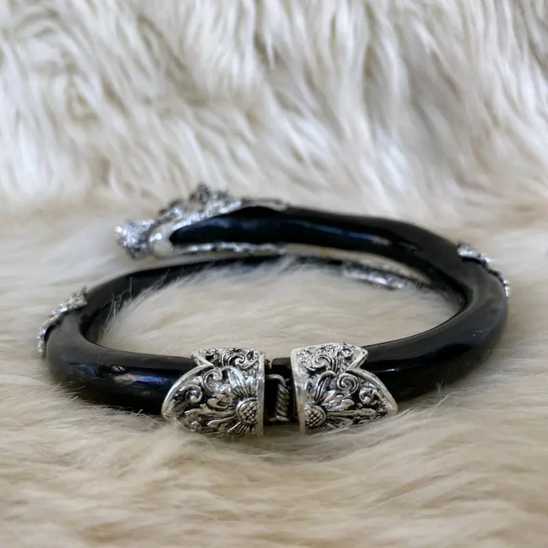 gelang akar Bahar tunggal/taliarus asli hitam ornamen naga bahan Titanium di lapis perak 6