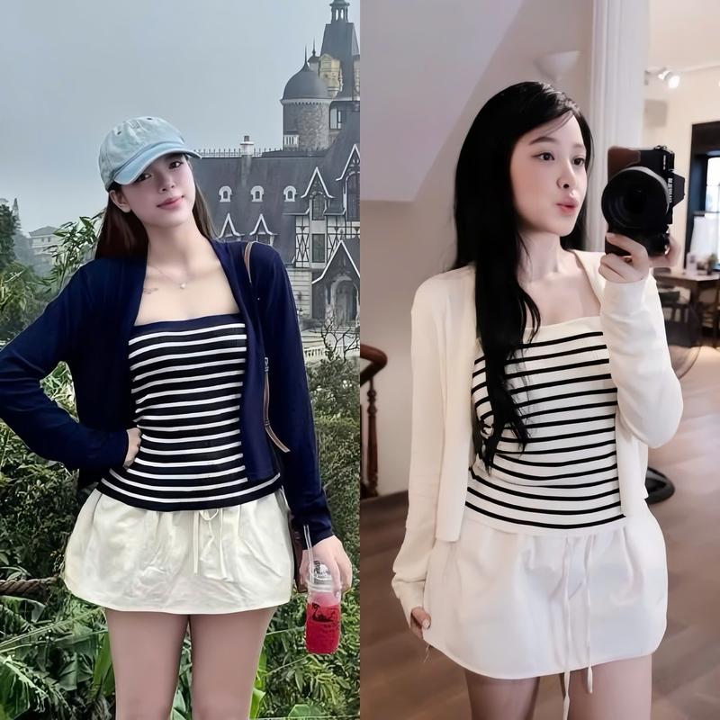  T&T01 Set Váy 3 Món Hottrend Gồm Áo Quây Sọc Cup Kèm Áo Khoác Chất Thun Gân Phối Với Chân Váy Chữ A Xoè Nhẹ Chất Cotton Thô Dày Có Lót Tôn Dáng Trẻ Trung Sành Điệu Cho Nữ 