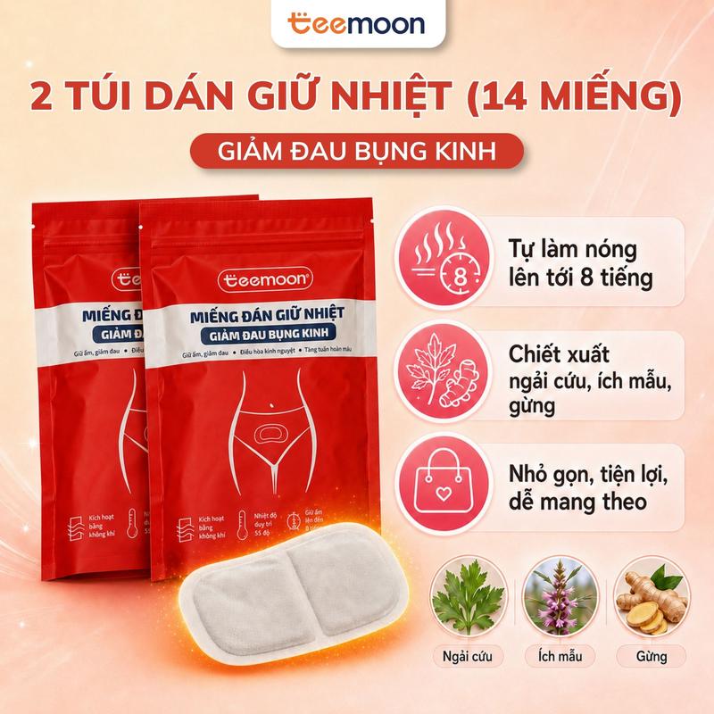 [Deal Hời] Combo 2 Túi Miếng Dán Giữ Nhiệt Giảm Đau Bụng Kinh Teemoon (14 miếng) - Giữ Nhiệt 8 Tiếng, Tinh Chất Gừng, Ngải Cứu, Cây Ích Mẫu