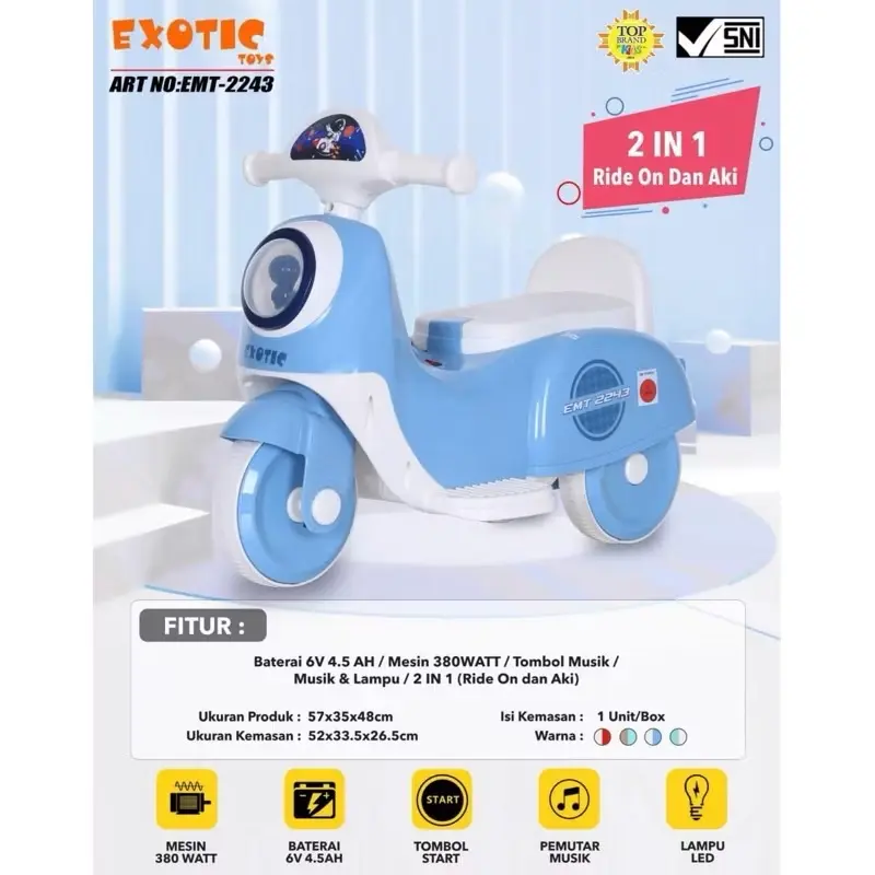 RECHARGEABLE MOTORCYCLE MAINAN MOTOR AKI VESPA ANAK AKI DAN MANUAL EMT 2243 2in1 NEW PRODUCT EMT2243 0