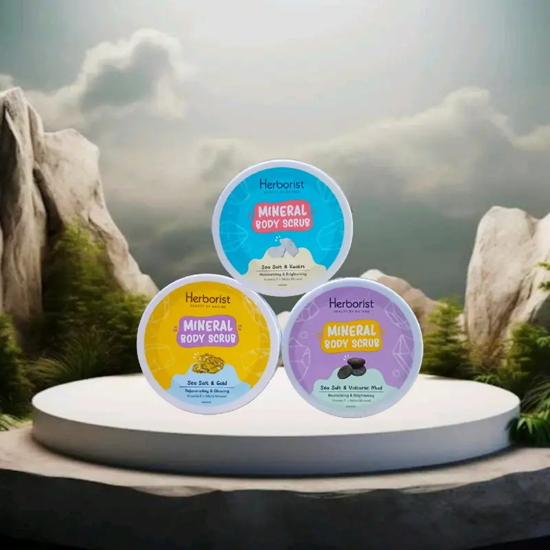 SPECIAL PROMO...!!! 1 PCS Herborist Mineral Body Scrub 200GR - Sea Salt & Koalin (Biru) / Sea Salt & Volcanic Mud (Ungu) / Sea Salt & Gold (Kuning) 0