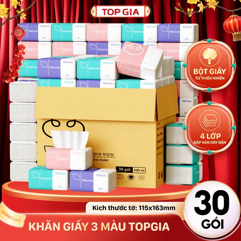 Thùng 30 Gói - Giấy Ăn TOP GIA 3 Màu Khăn Giấy Ăn 300 Tờ 4 Lớp Giấy Vệ Sinh Dày Dai Chính Hãng giấy topgia