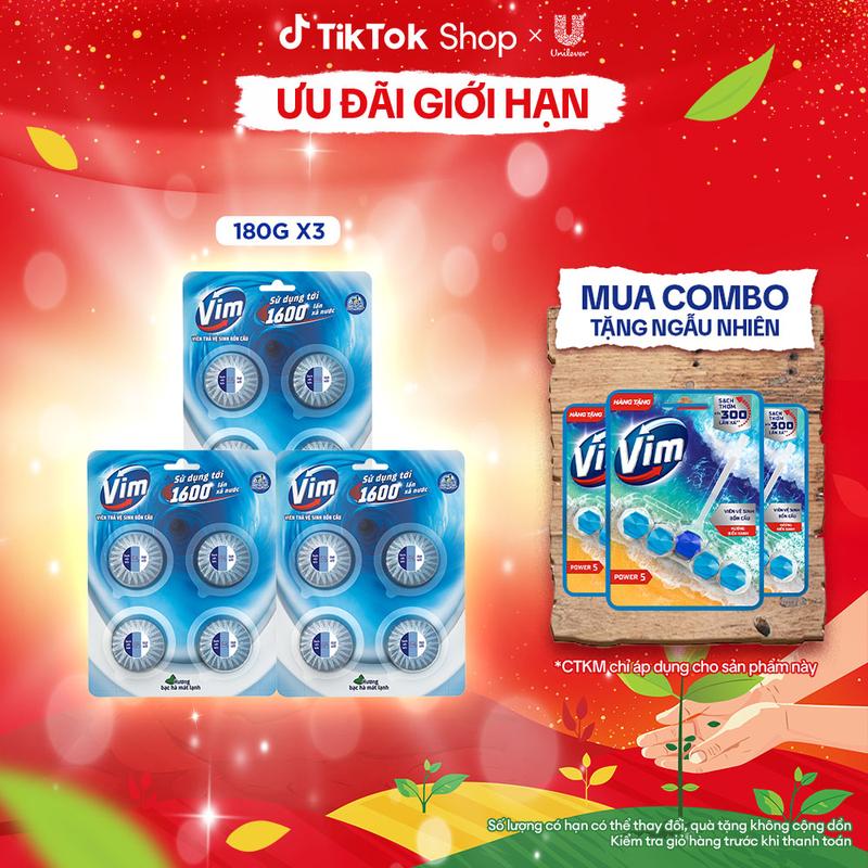  COMBO 3 VỈ Viên Thả Vệ Sinh Bồn Cầu Vim| Sạch Khuẩn Sáng Bóng đến 1600 Lần Xả  3x180g vỉ   1  