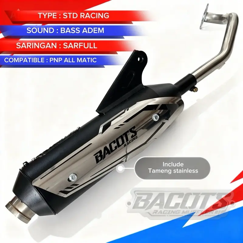 Bacots Racing Knalpot Standar Racing Moncong Shjiro , TAMENG STAINLES , Type Sarfull ,Bass adem untuk Semua Matic Plug N Play Bacots Racing Knalpot Standar Racing Moncong Shjiro , TAMENG STAINLES , Type Sarfull ,Bass adem untuk Semua Matic Plug N Play