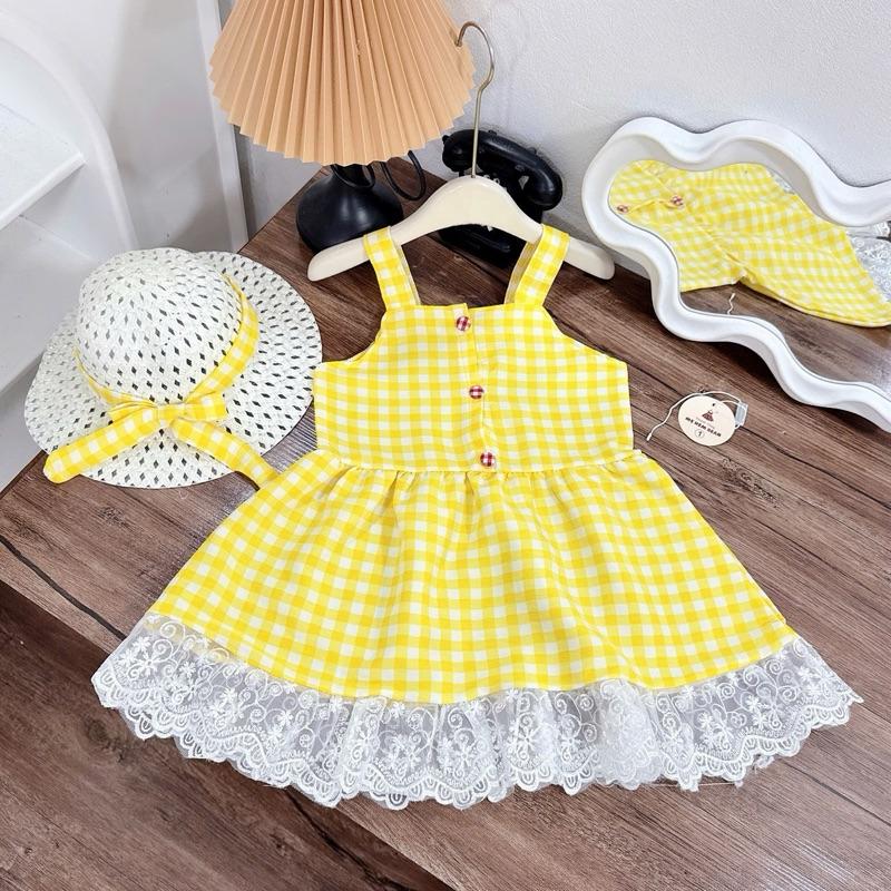 (Mẹ Kem Bean X TẶNG MŨ ) Váy vàng ô vuông mix ren điệu cho bé gái mặc đi chơi , đi biển