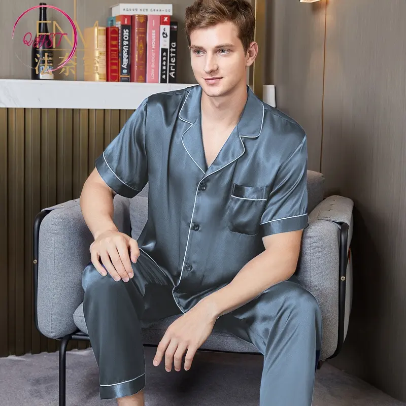 QHST Piyama Pria Biru Tua Solid Set Satin Warna Lunak | Lengan Pendek Celana Panjang Pajamas Import | Pria Baju Tidur 7