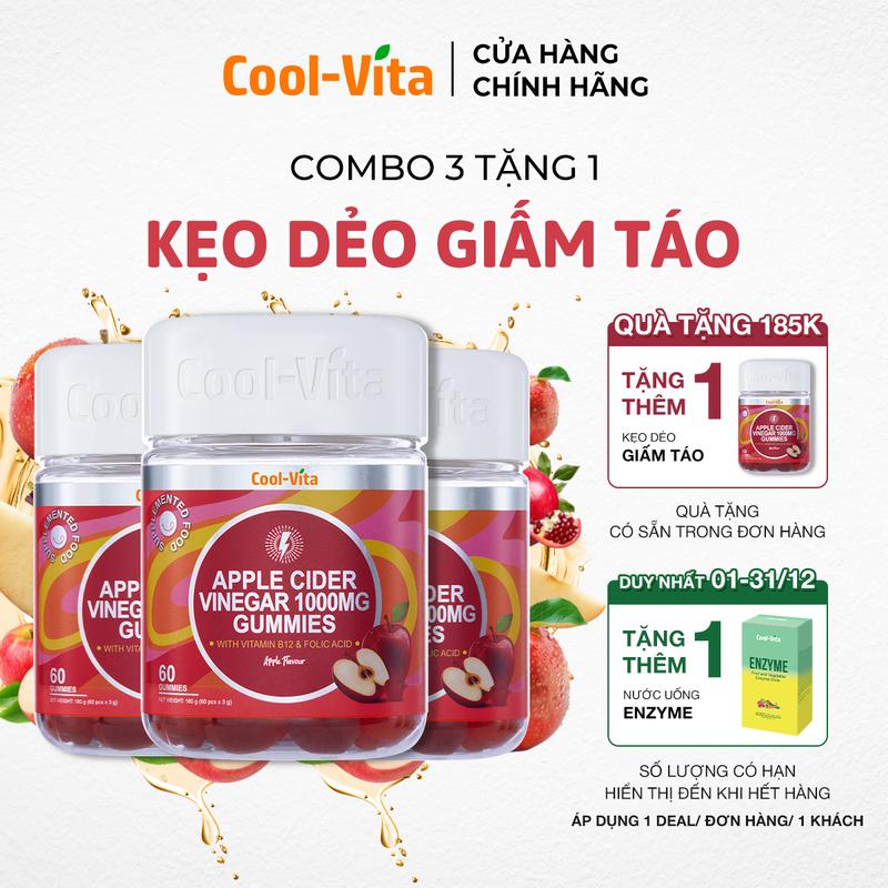 Mua 3 Tặng 1 Combo 3 Hộp Kẹo Dẻo Giấm Táo Hỗ Trợ Tiêu Hóa Hỗ Trợ Tăng Cường Miễn Dịch Bổ sung Vitamin B12 Apple Cider Vinegar Gummy Coolvita 60 viên x 3g hộp - Tặng Thêm 1 Hộp Kẹo Dẻo Giấm Táo