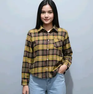 Shirt yarra baju kemeja crop top flanel LD 100 Oversize Casual Atasan Wanita lengan Panjang Formal Kancing Vintage Cantik Remaja motif Kotak
