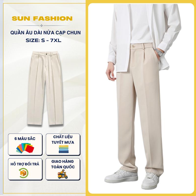 Quần âu ống suông nửa cạp chun SUN màu BE form suông rộng nam nữ, chất vải mềm mịn, thoáng mát Ong Menswear