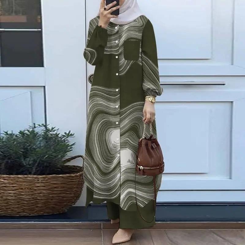 Product Introduction of Fashion printed robe set, women's long sleeved button up shirt and pants two-piece set 4