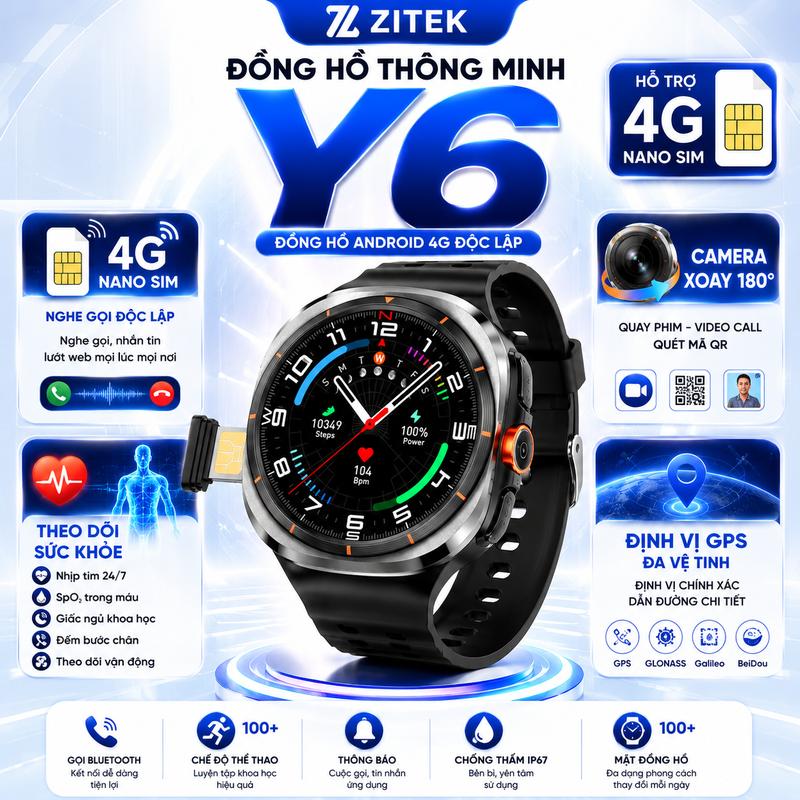 Đồng Hồ Thông Minh ZITEK Y6 Lắp SIM 4G, Camera Xoay 180°, GPS Đa Vệ Tinh, Gọi Video, Màn Hình AMOLED, Android Độc Lập