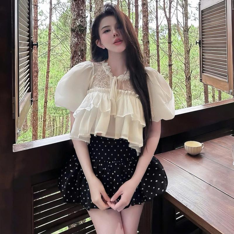 Set áo tơ phối ren mix chân váy chấm bi thô dáng bồng bềnh ( kèm quần bh liền ) phong cách trẻ trung , nhẹ nhàng KAZYDRESS S303