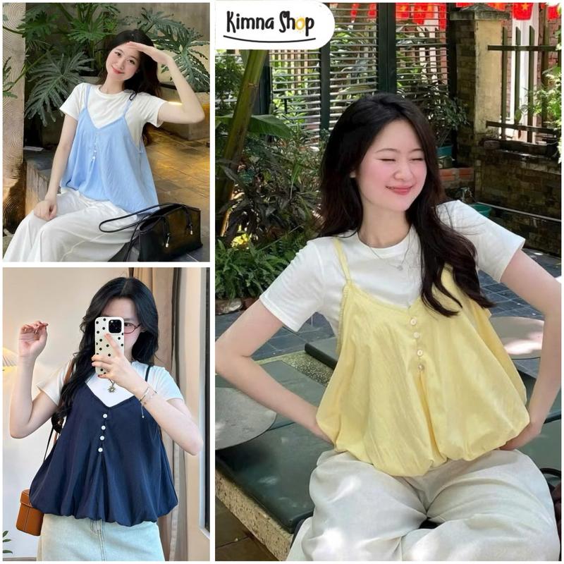 TÁCH LẺ Áo Yếm Hai Dây Dáng Bí Bồng 2 Lớp Cúc Dọc Áo Thun Trơn Tay Ngắn