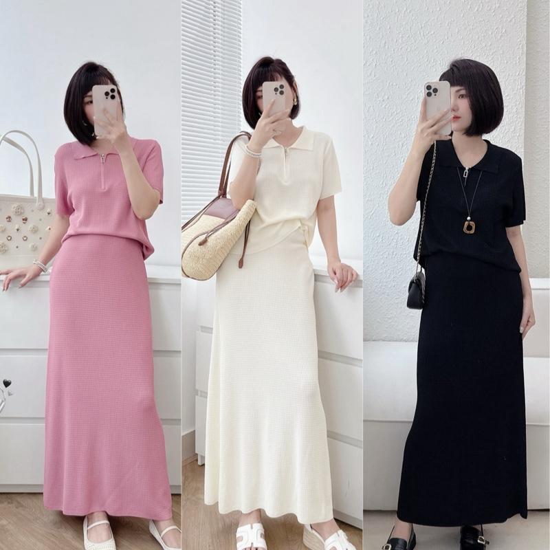 PETBYCHANG - Set Áo Len Polo Cổ Zip Và Chân Váy Dáng Dài