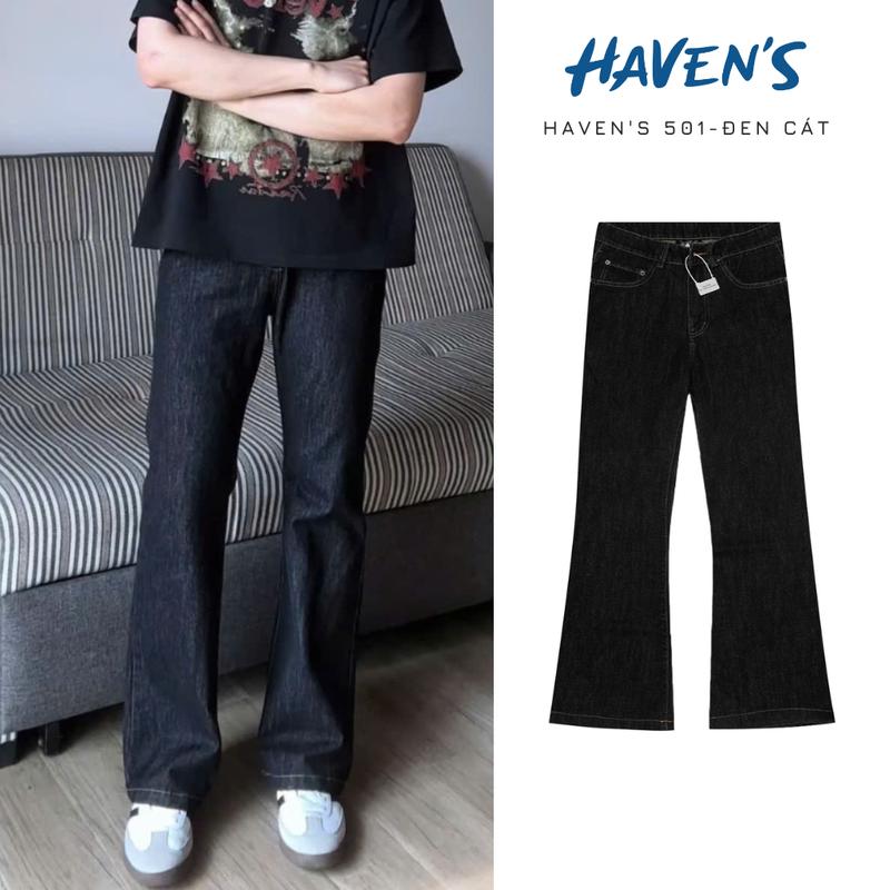 [ BẢN CAO CẤP] Quần Jeans HAVEN'S unisex màu đen cát ống loe nhẹ wash mềm thêu túi tôn dáng