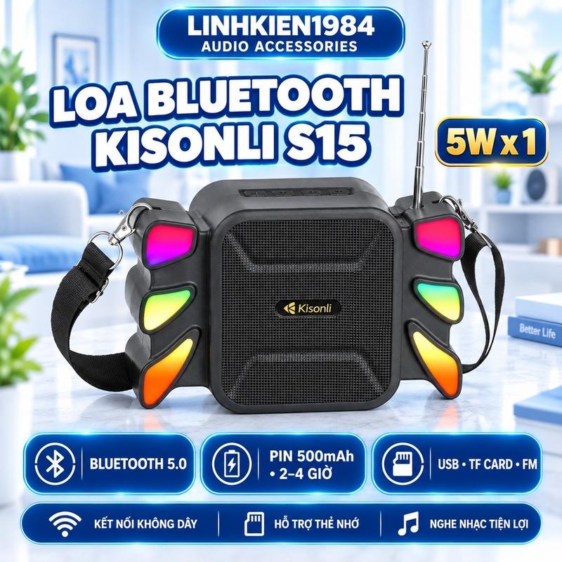 Loa Bluetooth Kisonli S15 5W Có Đèn LED RGB, Pin 500mAh, Hỗ Trợ USB TF Card FM Radio
