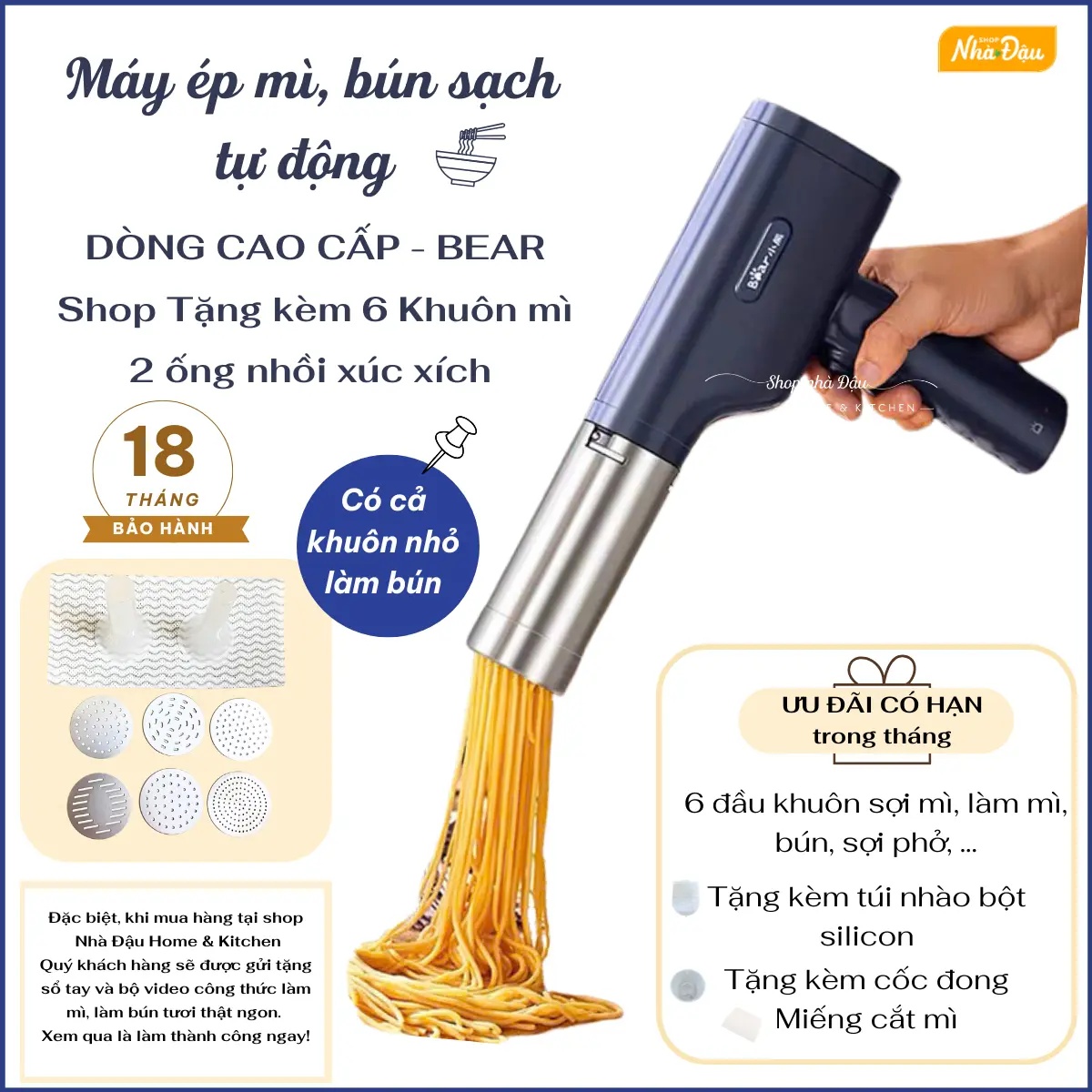 MÁY LÀM MÌ TƯƠI BEAR - BÚN TƯƠI - MÁY LÀM MỲ SỢI TỰ ĐỘNG CẦM TAY BEAR 6 ĐẦU KHUÔN
