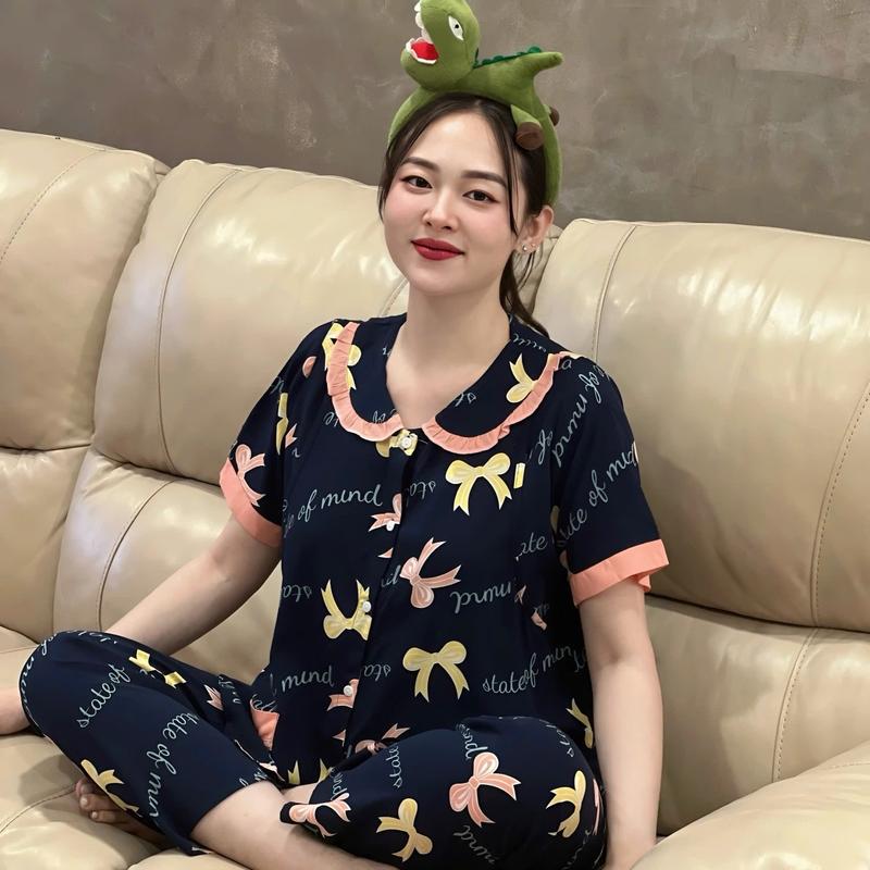 MUMMUM/ Bộ tay ngắn quần dài cổ sen bầu mặc bầu và sau sinh tiện lợi, thoải mái Váy Bầu Đầm Bầu Sandal