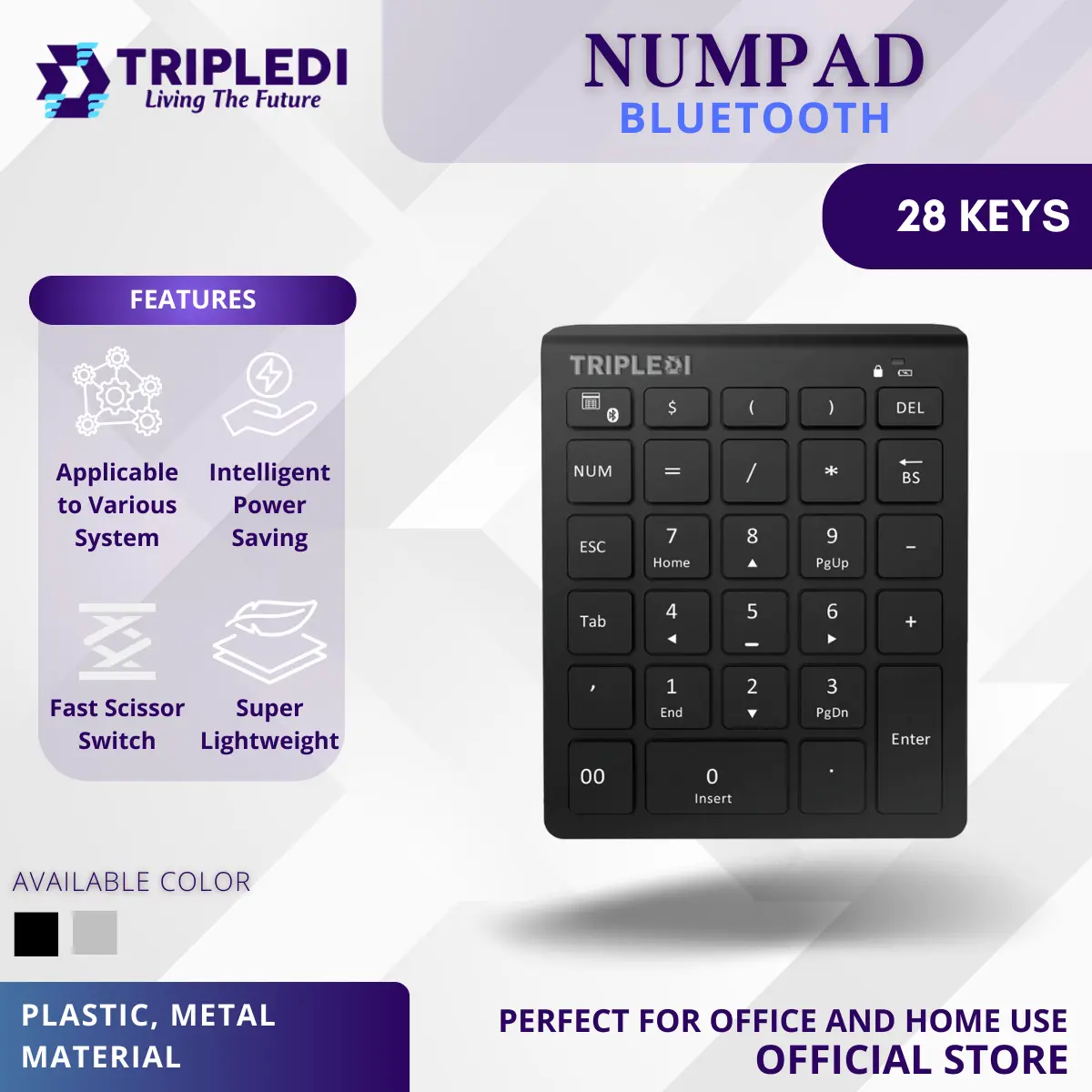 TRIPLEDI Numeric Keyboard Bluetooth Mini Numpad Keypad 28 Keys PC Mac Laptop Kalkulator Tablet Adaptor