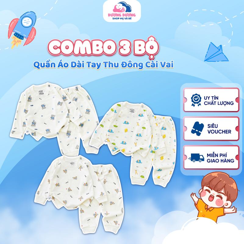 Bộ Nỉ Giữ Ấm Combo 3-5 Bộ Quần Áo Dài Tay Thu Đông Cúc Cài Vai Chất Cotton Nỉ Hàn Nền Kem Dày Vừa Phải Cho Bé Từ 0-3 Tuổi_M23
