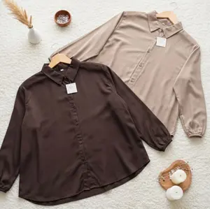 Atasan Top Kemeja Wanita Rayon Twill Premium Simpel Kantor Daily Kancing Belakang Lengan Panjang Karet Kerah Tegak