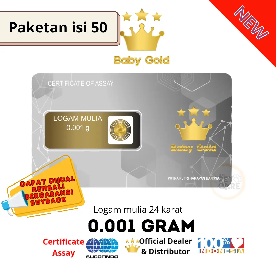 PAKET BABY GOLD 0.001 GRAM ISI 50 LOGAM MULIA Emas