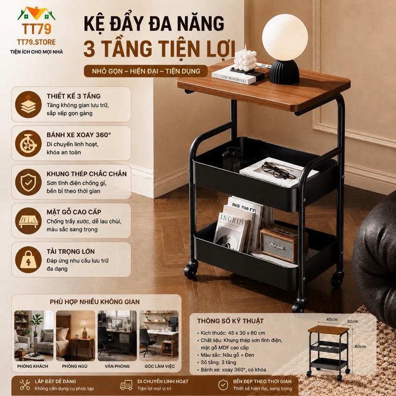 KỆ 3 TẦNG CÓ BÁNH XE bằng kim loại , mặt bàn gỗ MDF- decor phòng khách, phòng…